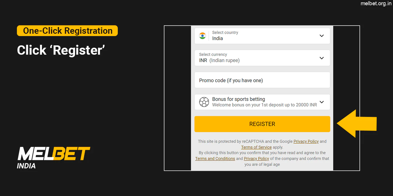 Click 'Register' to finalize one-click registration at Melbet India