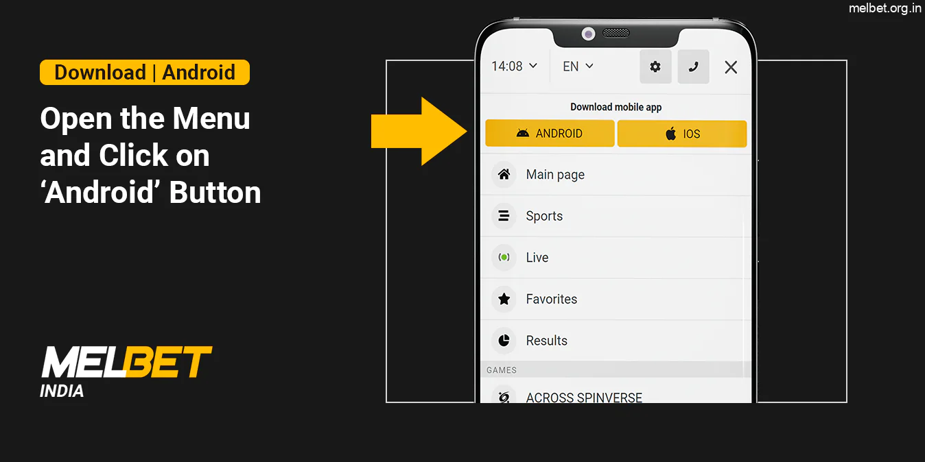 Extend Melbet Main menu and click 'Android' Button