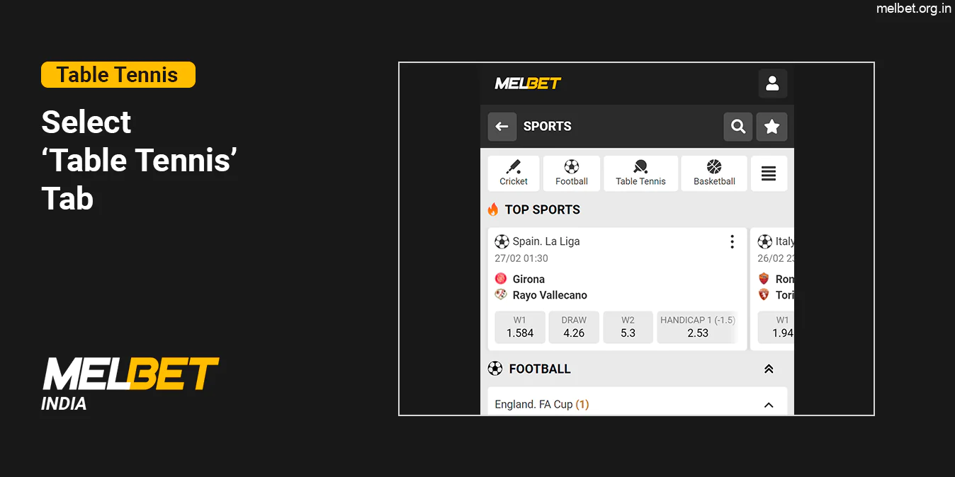 Choose 'Table tennis' Category - Melbet India