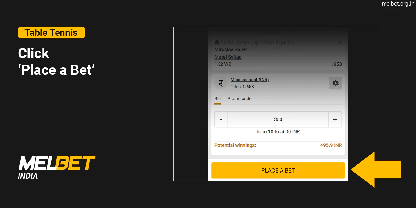 Finalize Your Table Tennis Bet by clicking 'Place a bet' button at Melbet